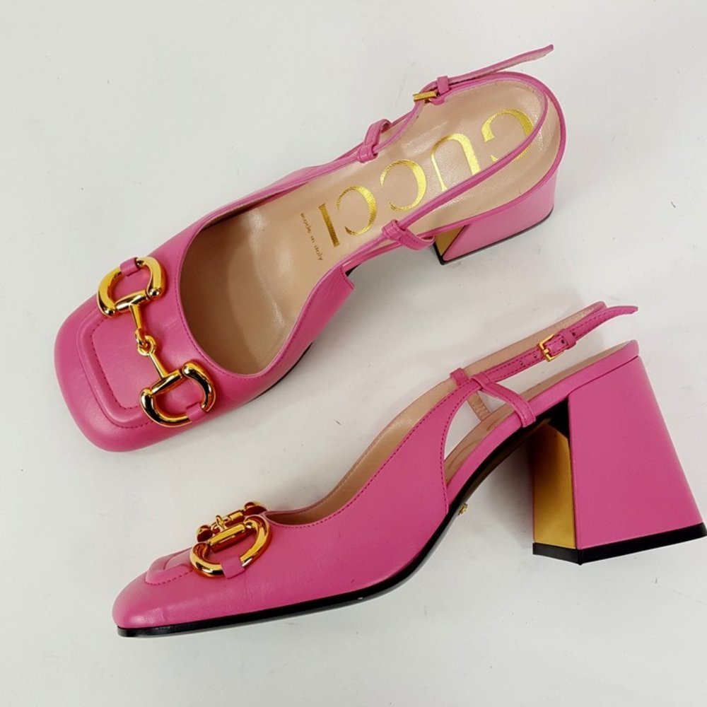 Gucci Pink Leather Square Toe Horsebit Chunky Heel Slingback Pumps NEW Size 38
